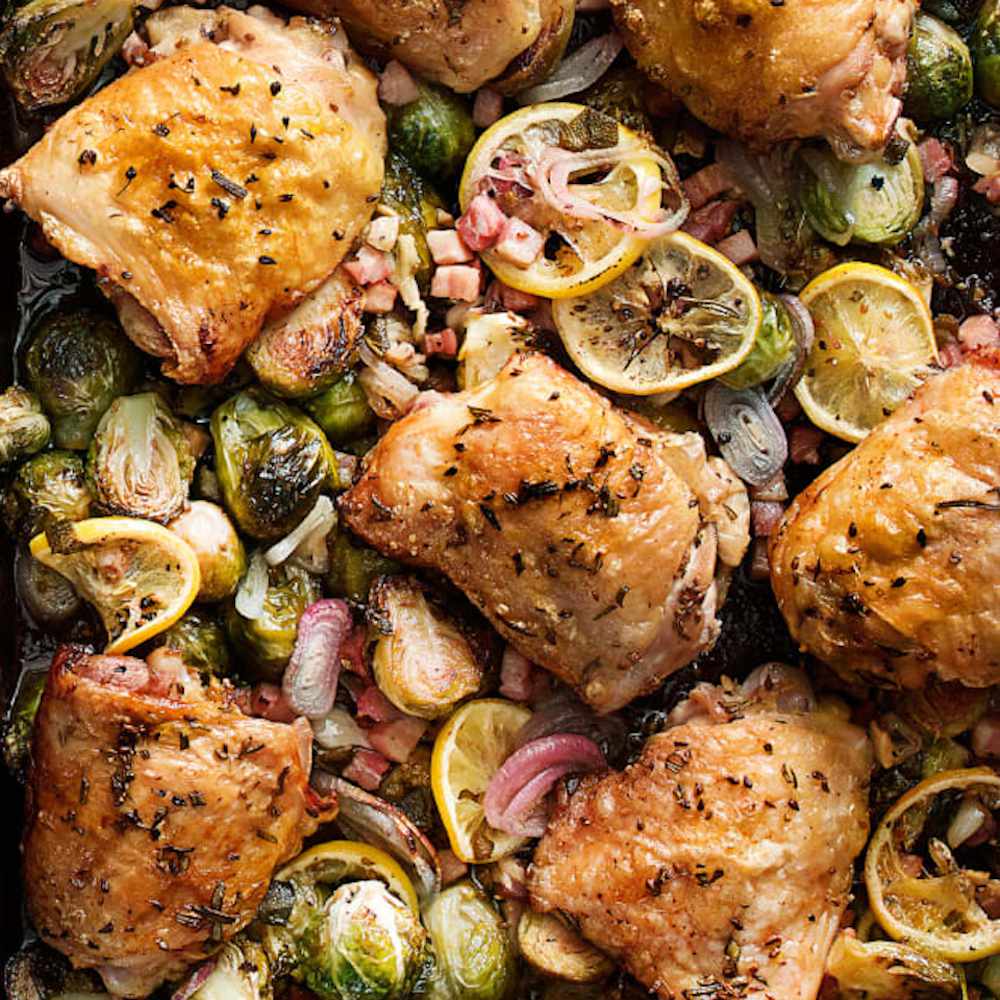Pan-Roasted Chicken Thighs with Roasted Brussels Sprouts and Apple