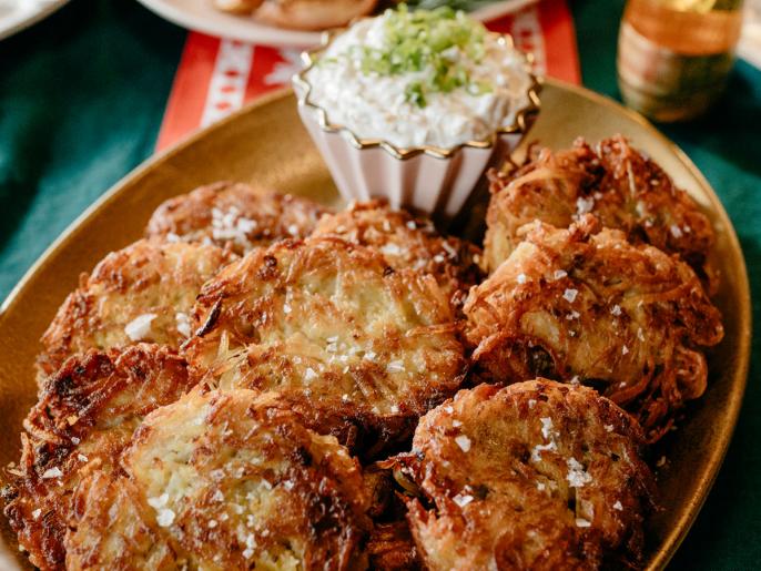 Pan-Fried Potato Latkes with Caramelized Onions and Sour Cream