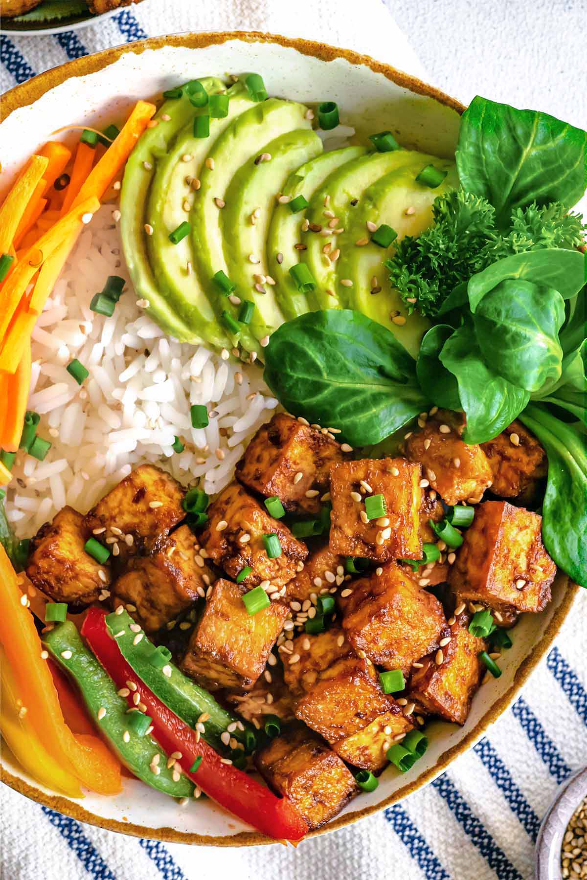 Pan-Asian Rice Bowl with Crispy Tofu and Tangy Dressing