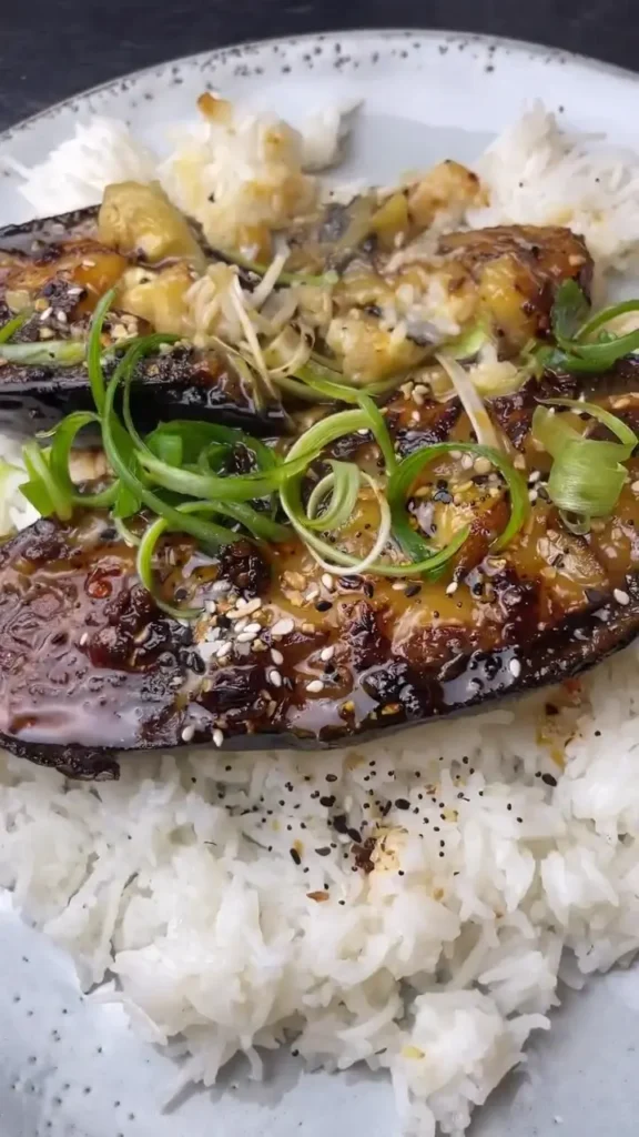 Creamy Miso-Glazed Eggplant Donburi with Scallions and Sesame
