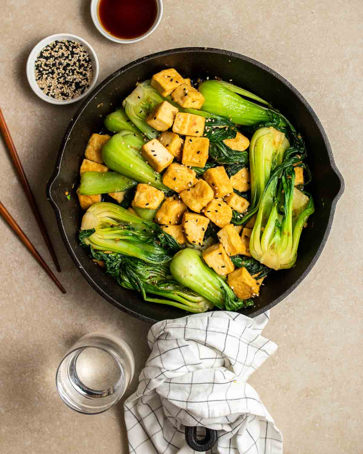 Pan-Fried Tofu with Sesame-Ginger Glaze and Stir-Fried Bok Choy