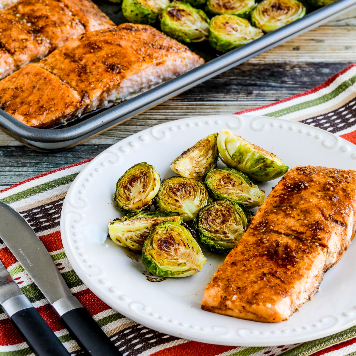 Pan-Seared Salmon with Roasted Brussels Sprouts and Carrot Ribbon Salad