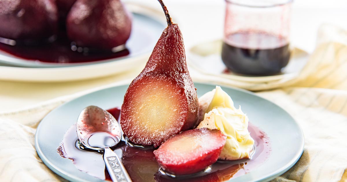 Champagne-Soaked Moscato Poached Pears with Apple Cider Reduction