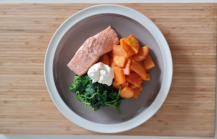 Pan-Seared Salmon with Roasted Sweet Potatoes and Spinach
