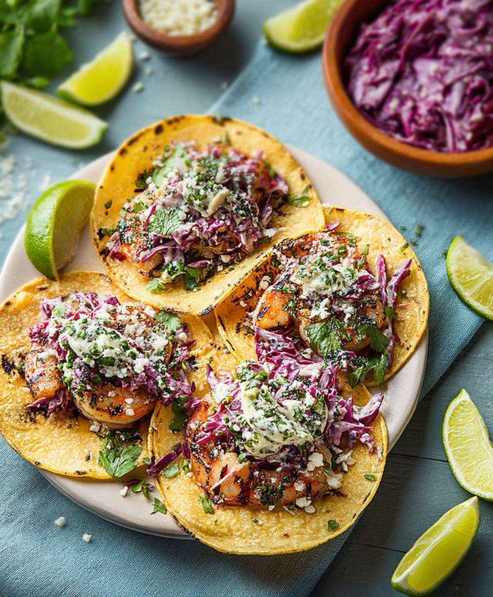 Cilantro-Lime Shrimp Tacos with Pickled Red Onion
