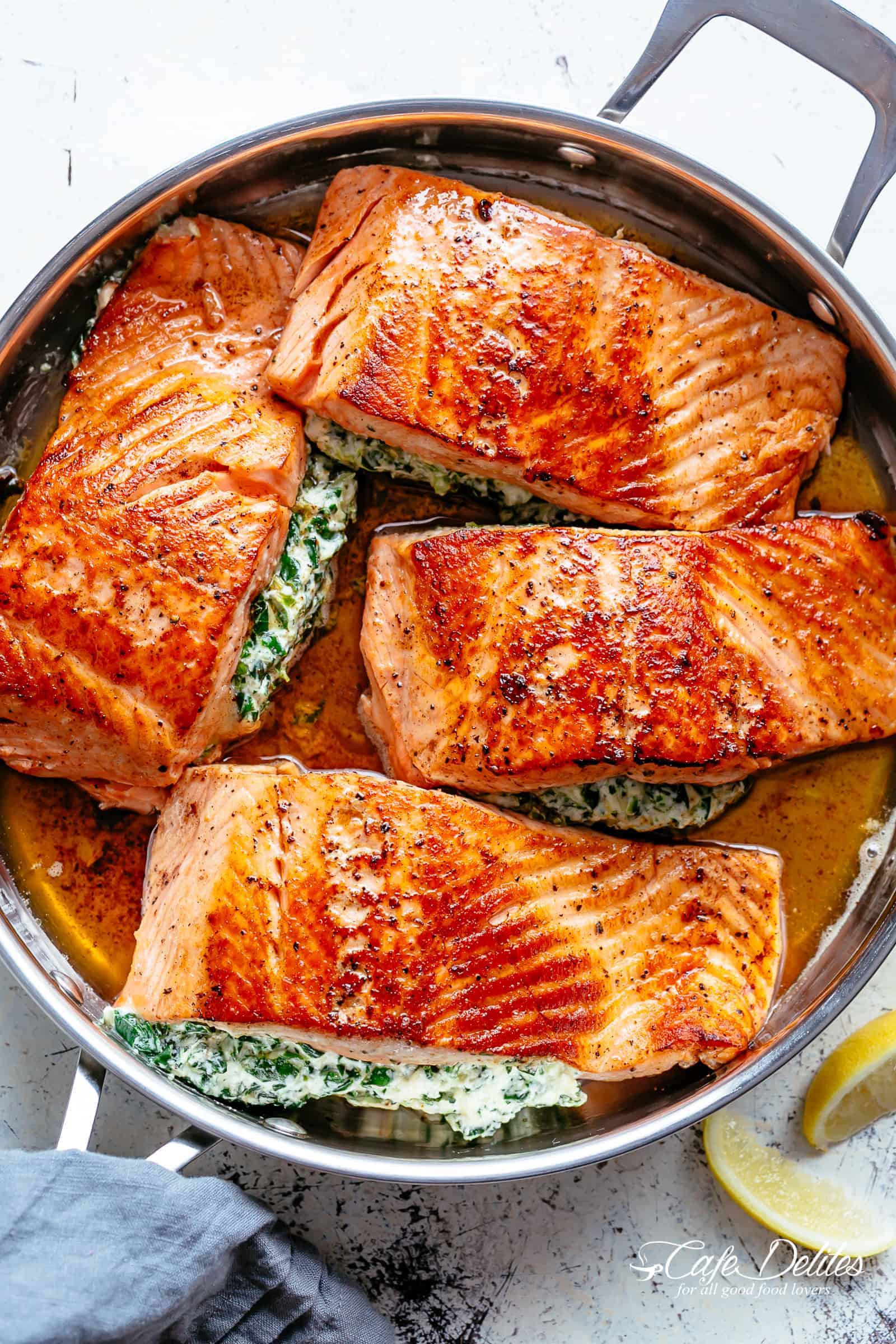 Pan-Roasted Salmon with Garlic Spinach and Lemon