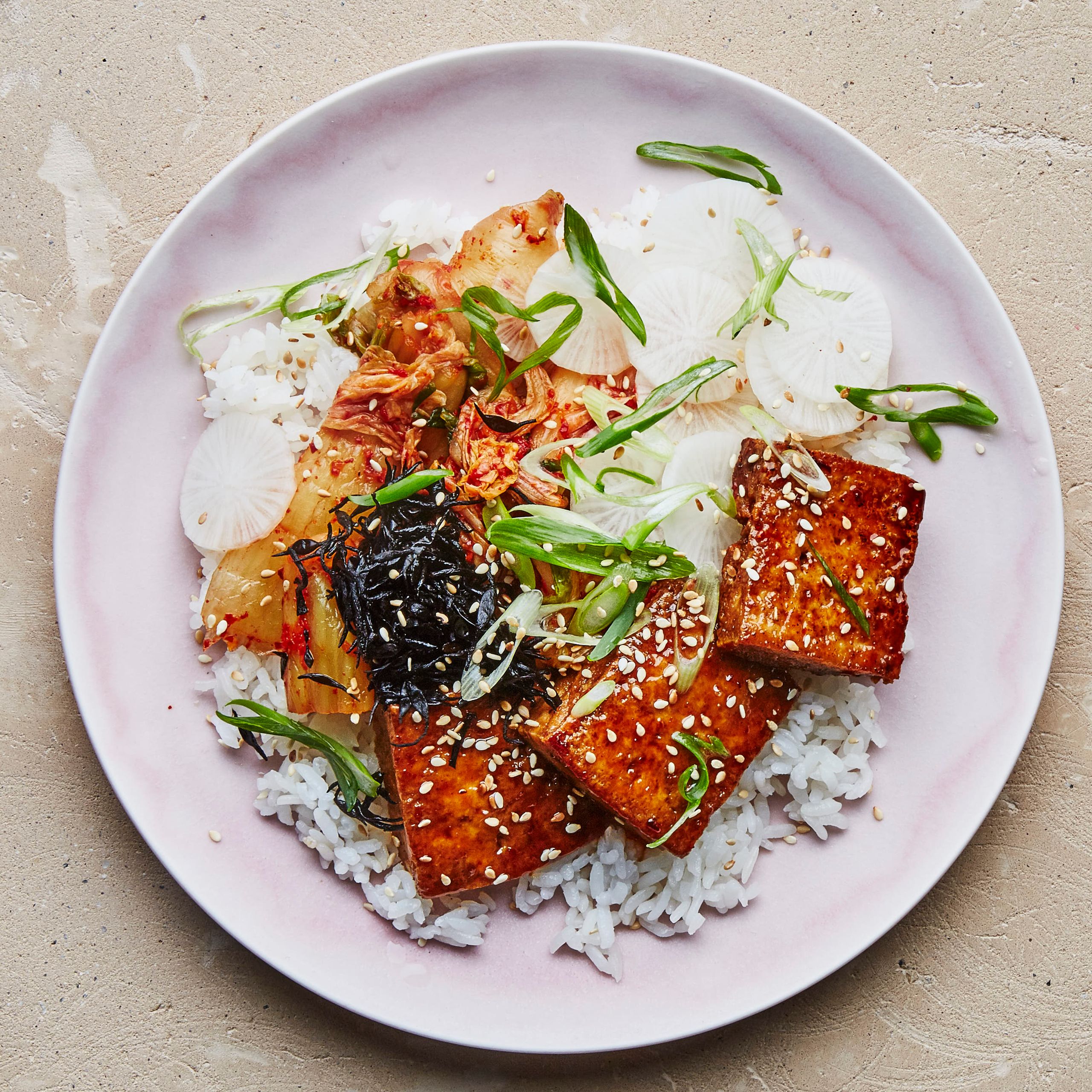 Crispy Pan-Fried Tofu with Ginger-Soy Glaze and Sesame Spinach