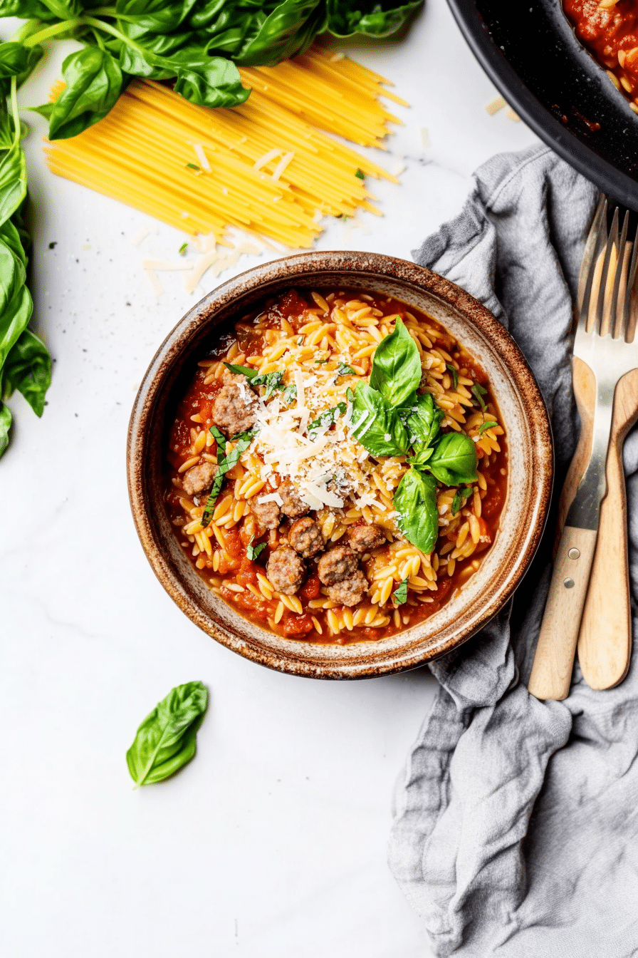 One-Pot Italian Sausage and Tomato Orzo with Basil