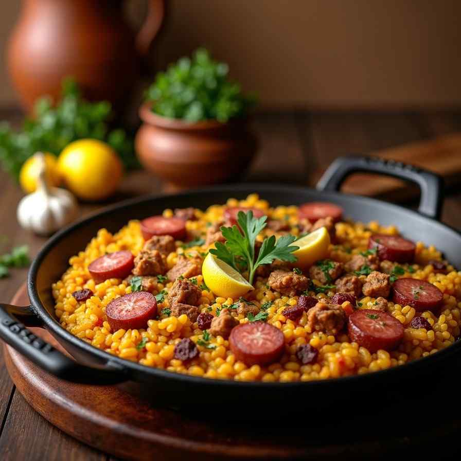 Layered Spanish Rice Paella with Saffron and Chorizo