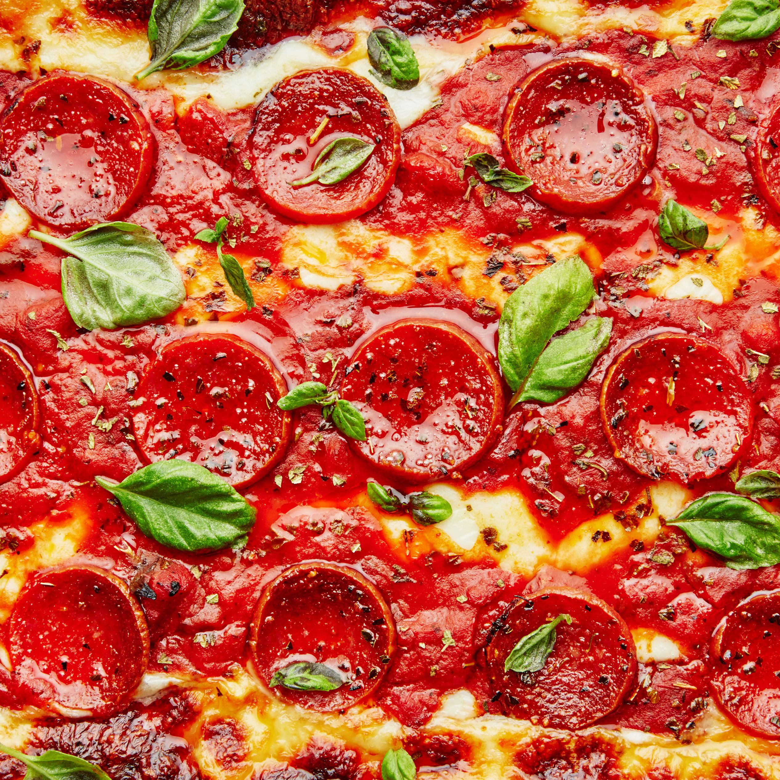 Detroit-Style Square Pizza with Caramelized Onions and Pepperoni