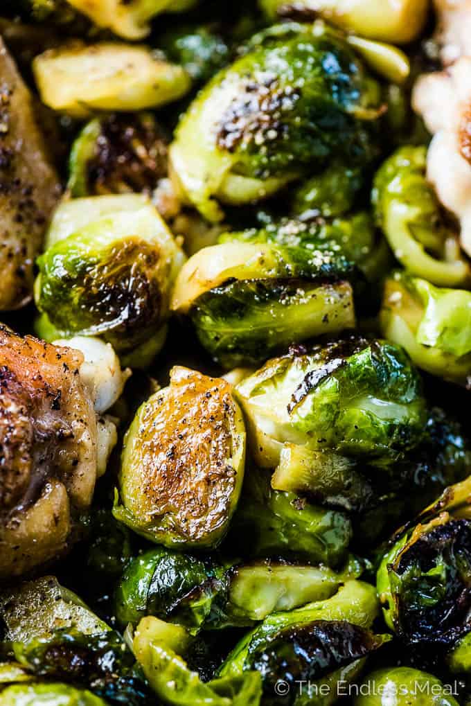 Grilled Lemon-Garlic Chicken Thighs with Roasted Brussels Sprouts