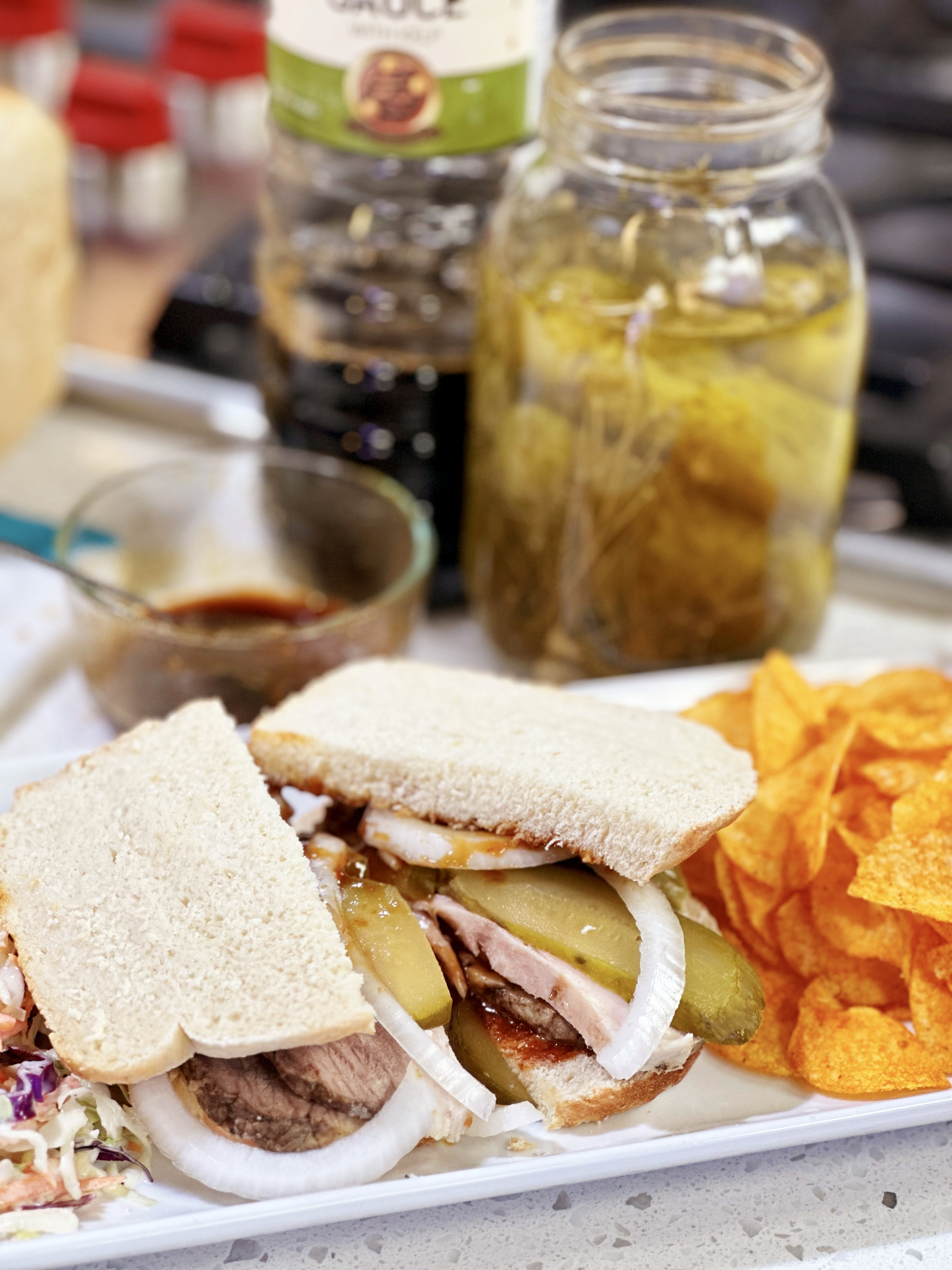 Grilled Texan BBQ Brisket Sandwich with Pickled Onions