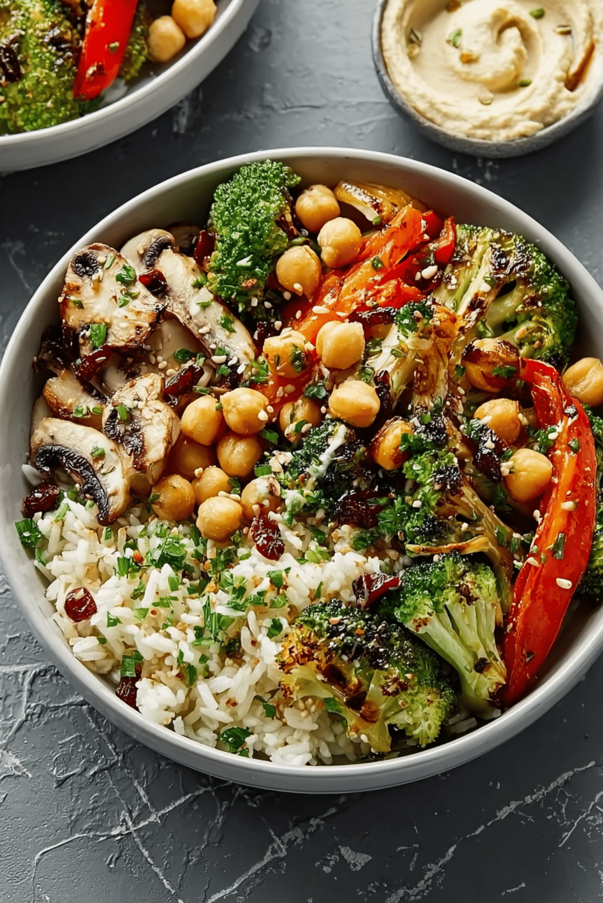 Diverse Ethnic Grain Bowl with Roasted Vegetables and Tahini Dressing