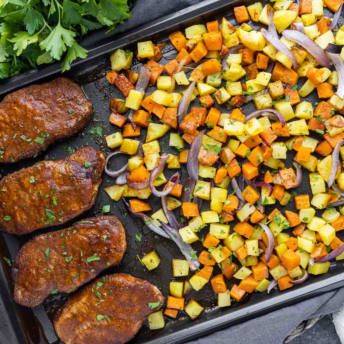 Sheet Pan Blackened Pork with Cajun-Spiced Sweet Potatoes