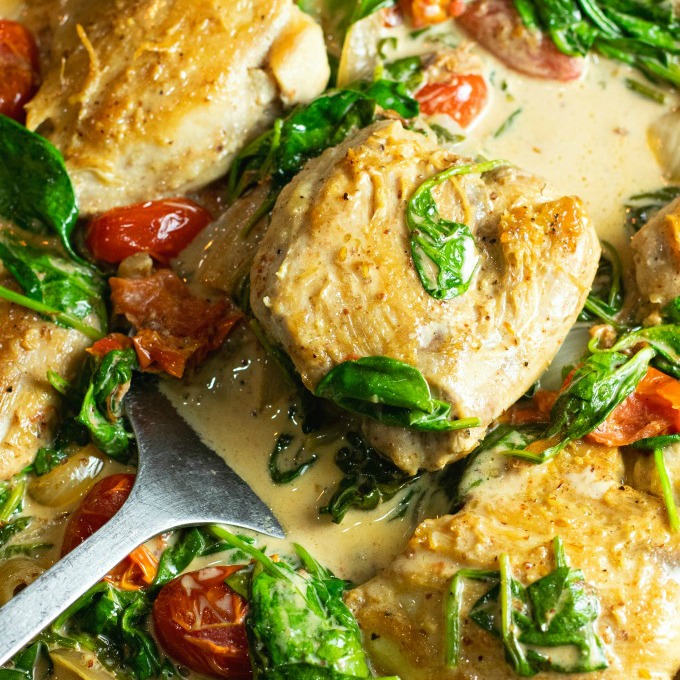 Pan-Seared Chicken with Mustard Cream and Wilted Spinach