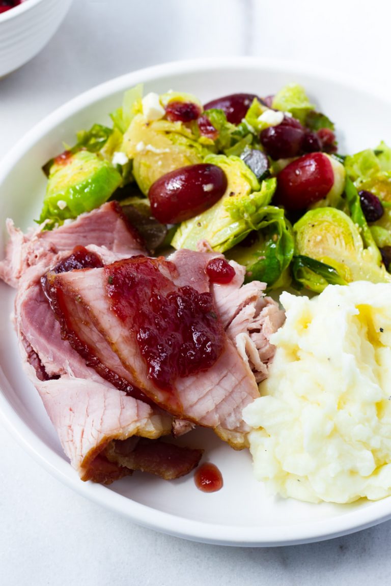 Cranberry-Orange Glazed Ham with Roasted Brussels Sprouts