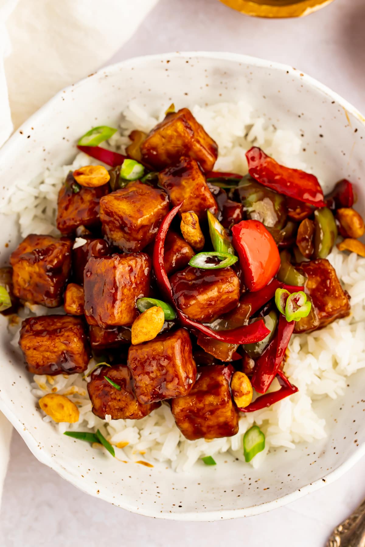 Pan-Fried Kung Pao Tofu with Chili-Peanut Sauce