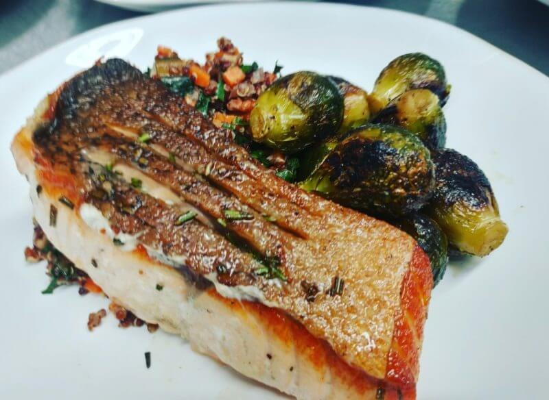 Pan-Seared Salmon with Roasted Brussels Sprouts and Lemon-Dill Sauce