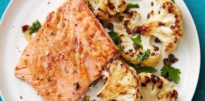 Pan-Seared Salmon with Roasted Cauliflower and Garlic-Tahini Sauce