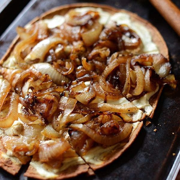 Sourdough Spelt Pizza with Caramelized Onions and Goat Cheese