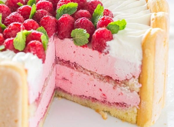 Chocolate Charlotte Cake with Whipped Cream and Raspberry Sauce