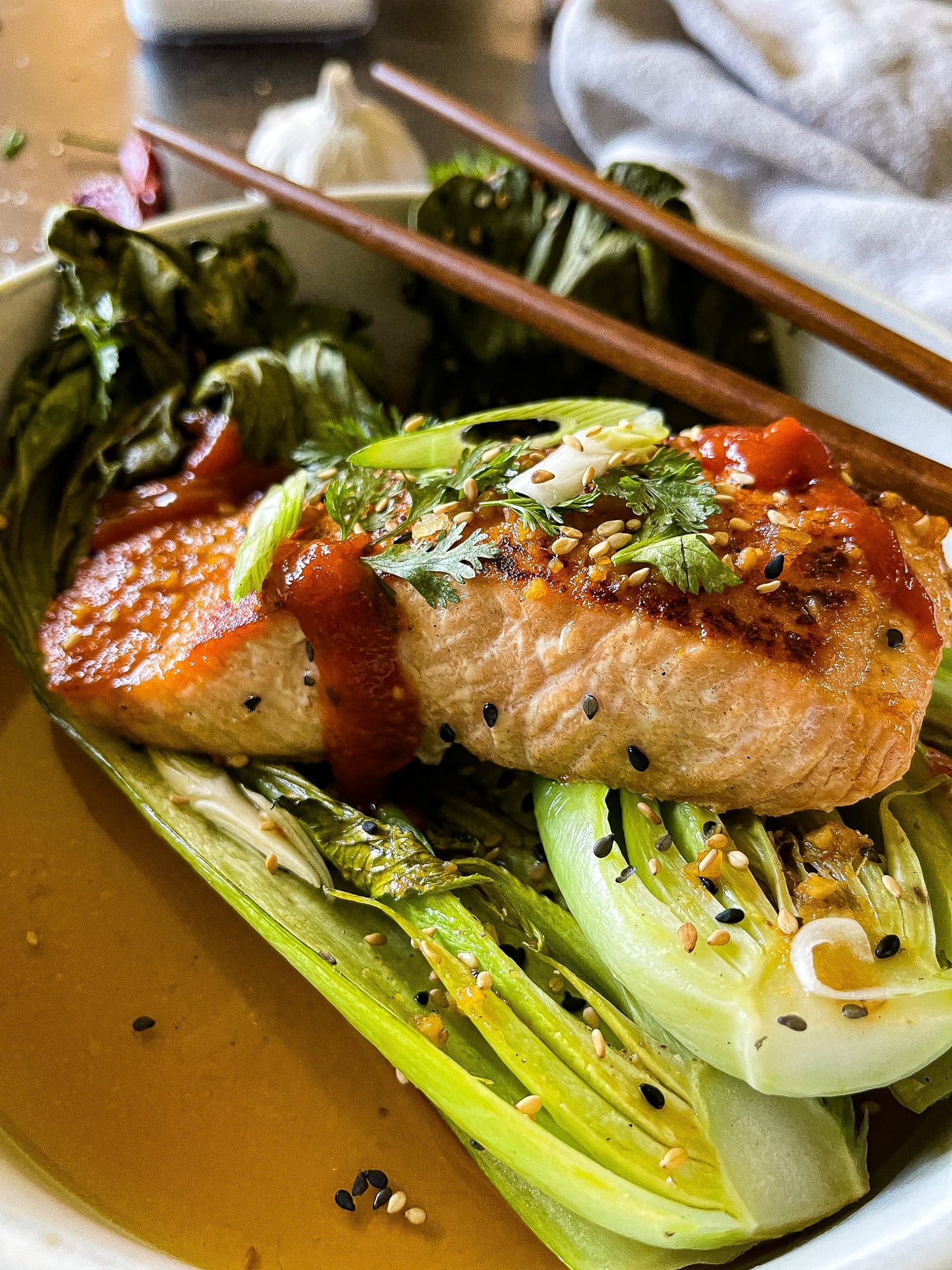 Pan-Seared Ginger Soy Salmon with Sautéed Bok Choy