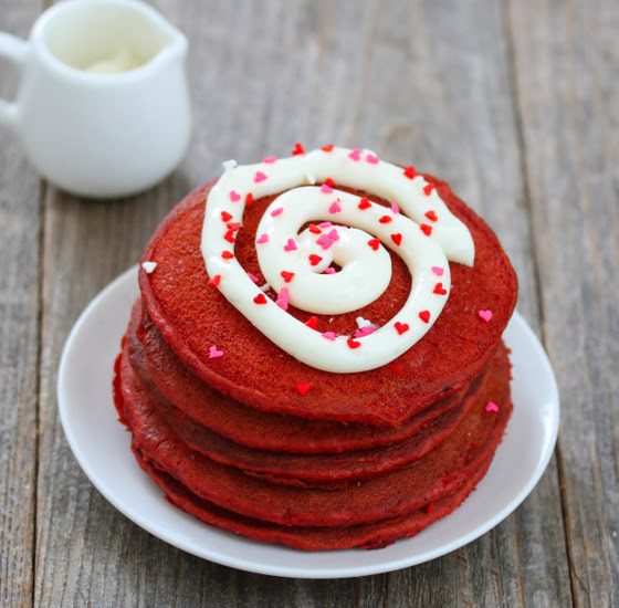 Red Velvet Heart-Shaped Pancakes with Cream Cheese Glaze