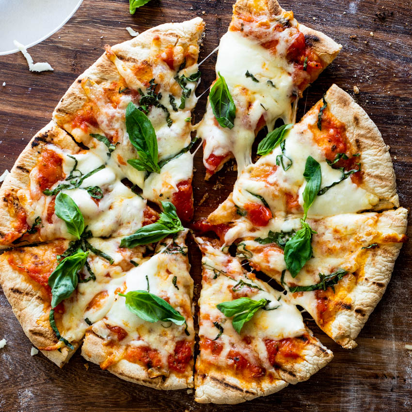Grilled Margherita Pizza with Fresh Basil and Tomato