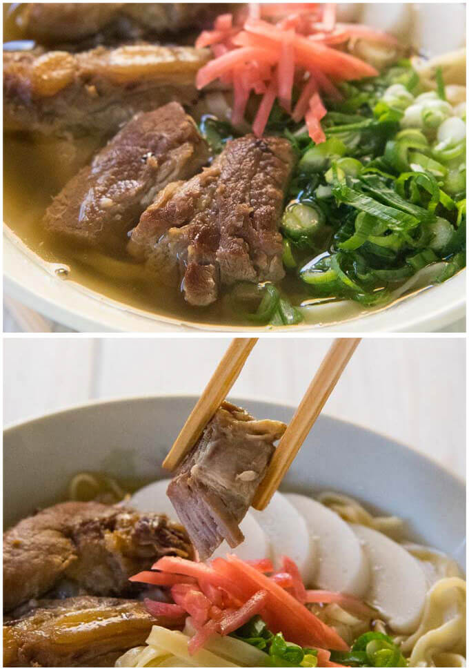 Simmered Okinawan Soba Noodle Soup with Pork and Scallions