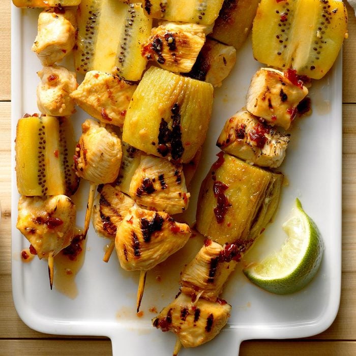 Spicy Candy Corn Chicken Skewers with Maple Chipotle Glaze