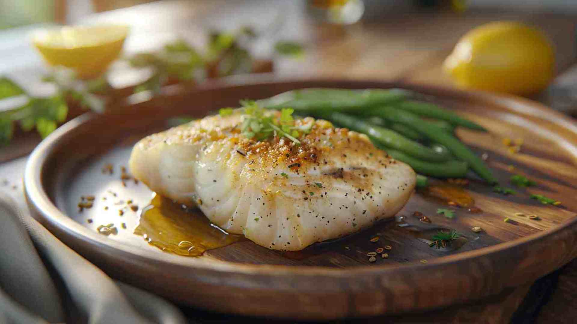 Baked Lemon-Rosemary Cod with Garlic Green Beans