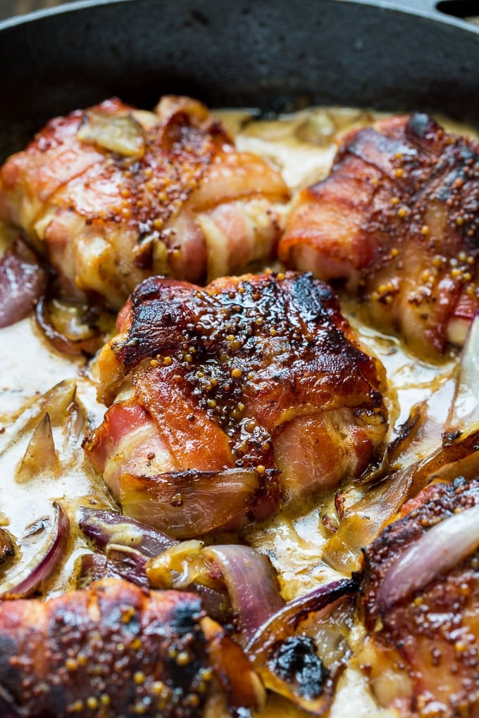 Bacon-Wrapped Chicken Thighs with Mustard Cream Sauce