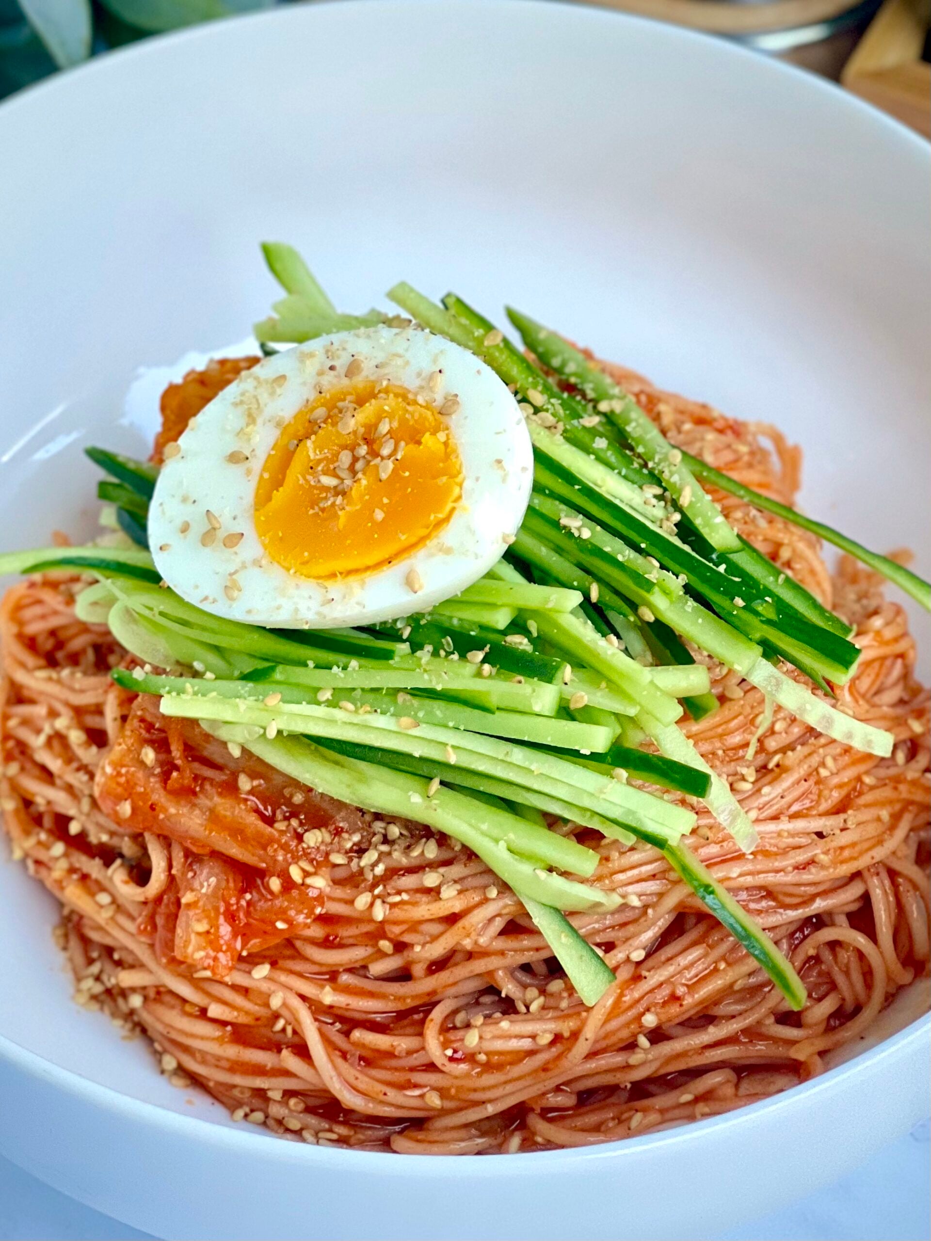Spicy Korean Cold Noodle Bowl with Sesame and Cucumber
