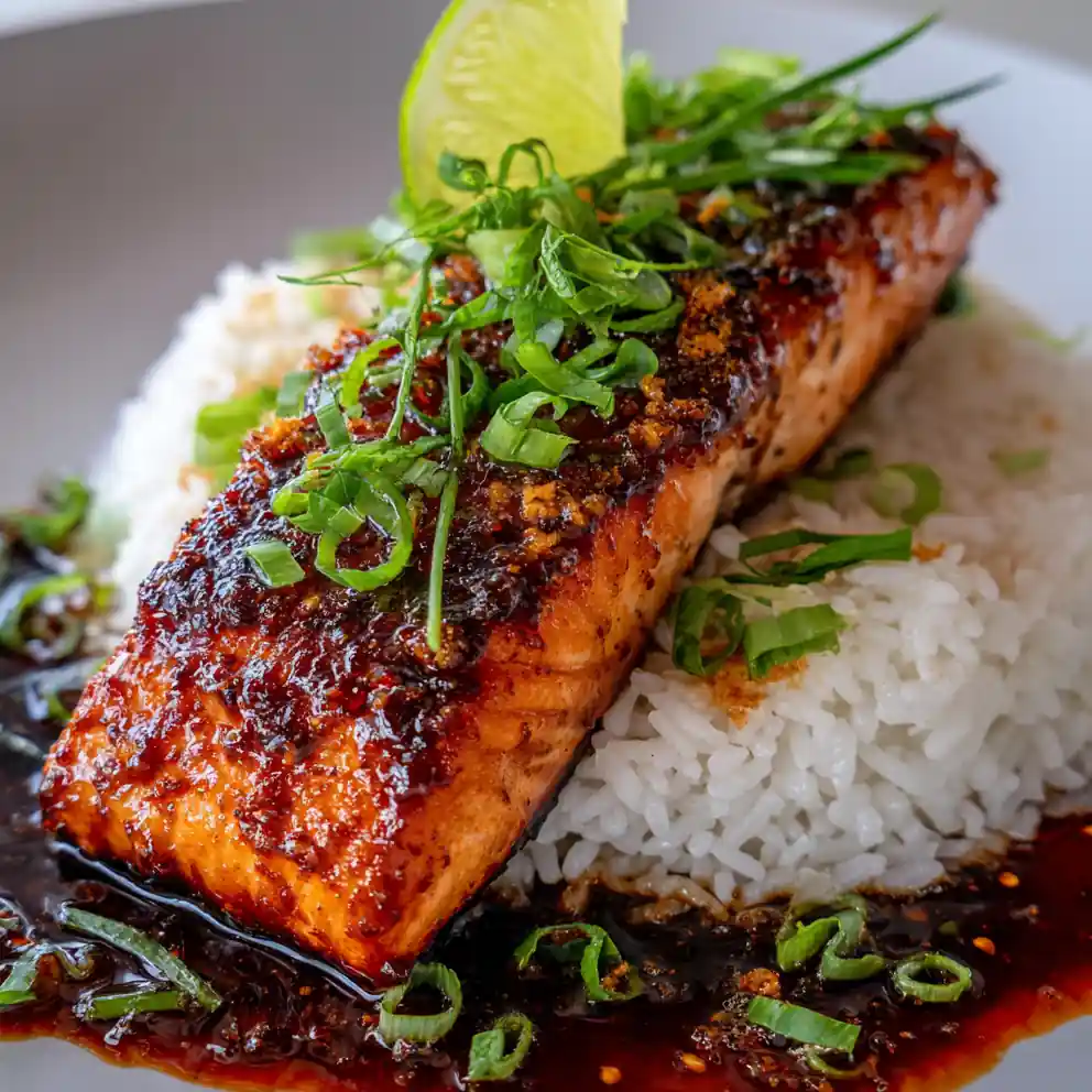 Pan-Roasted Salmon with Ginger Soy Glaze and Scallion Rice