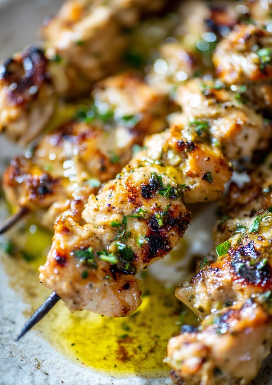 Grilled Garlic Oil Marinated Chicken Skewers