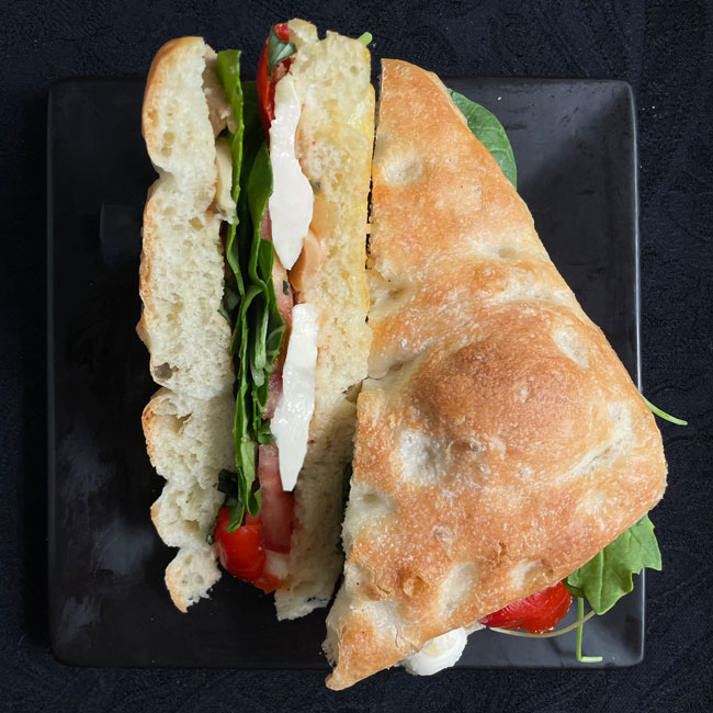 Mediterranean Focaccia Sandwich with Roasted Red Pepper Spread