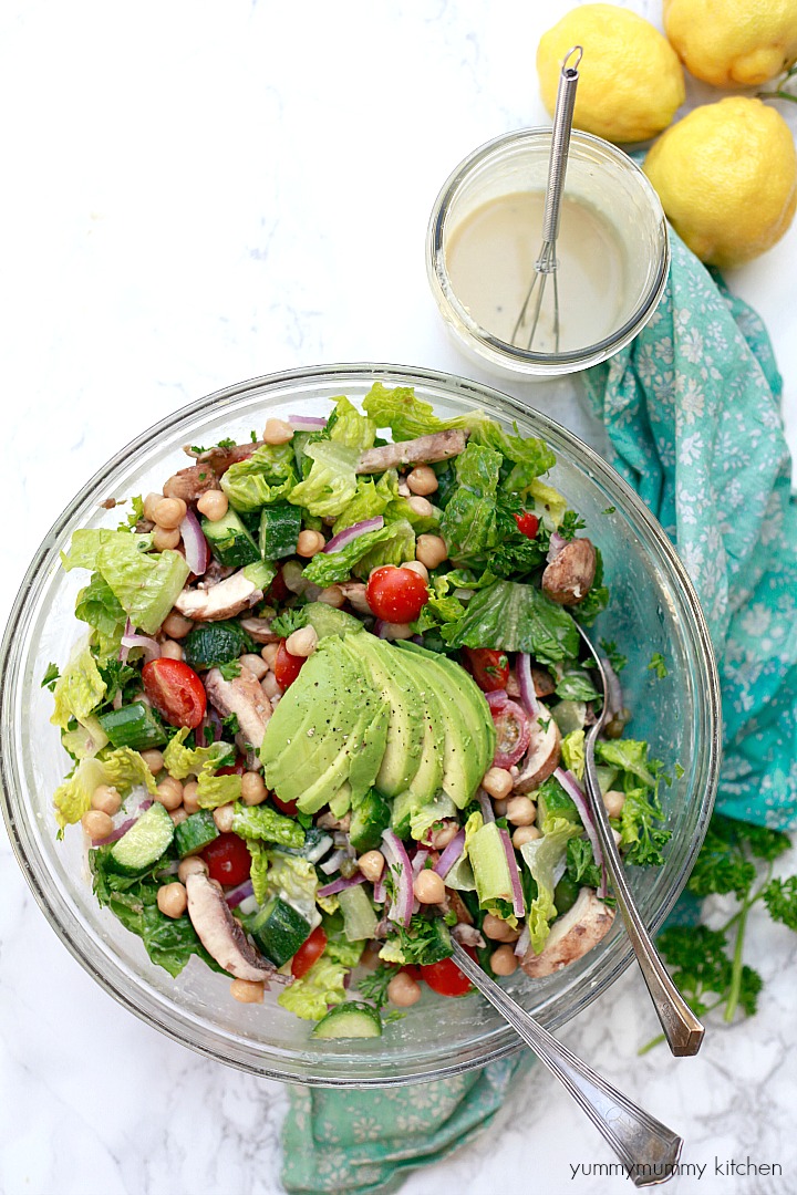 Avocado and Chickpea No-Cook Salad Bowl with Lemon-Tahini Dressing