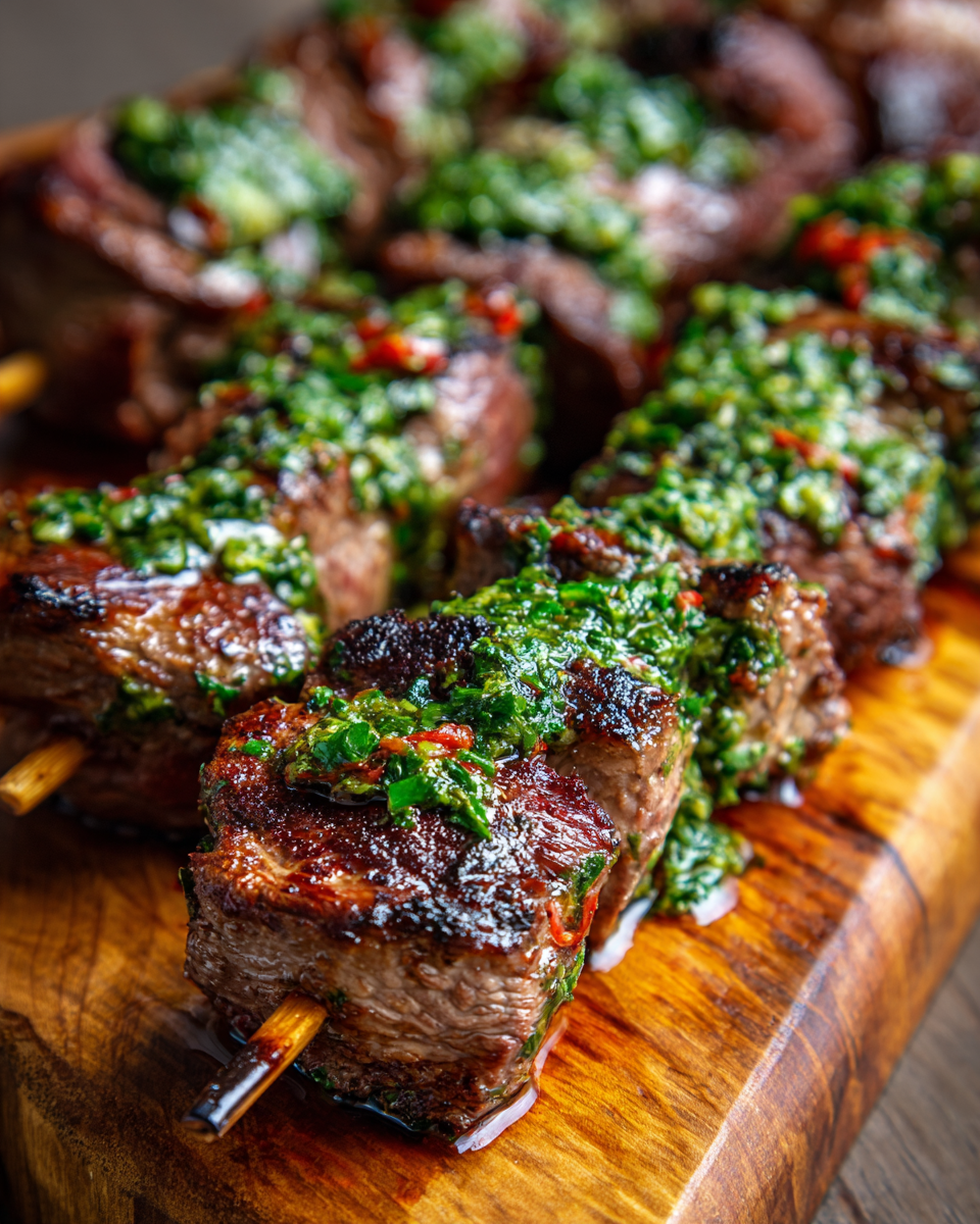 Smoky Grilled Texas-Style Beef Skewers with Chimichurri