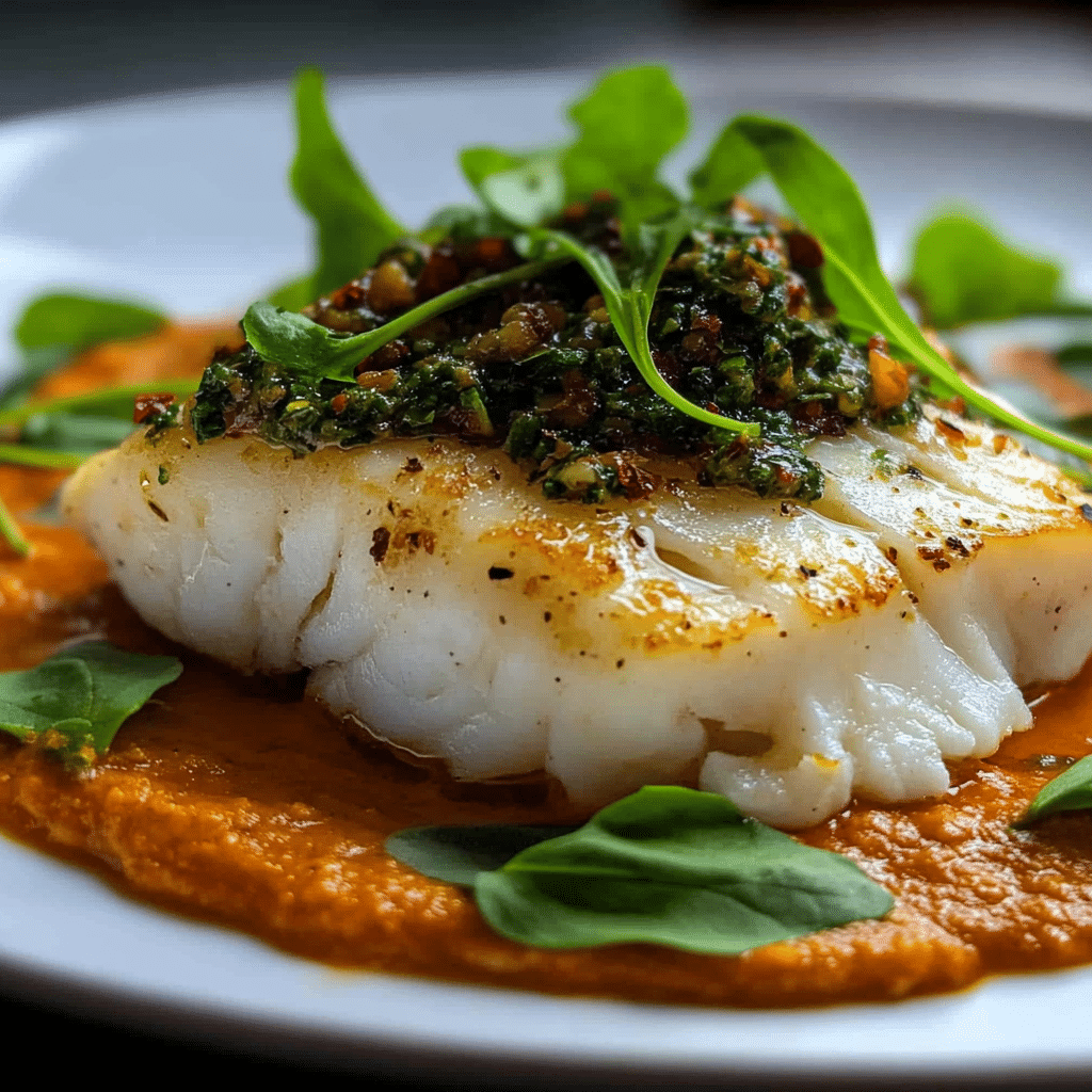 Pan-Seared Cod with Romesco Sauce and Roasted Peppers