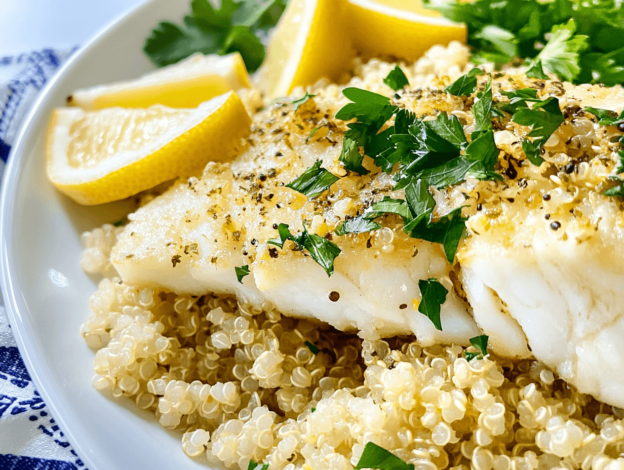 Baked Cod with Tomato-Olive Relish and Herb Quinoa