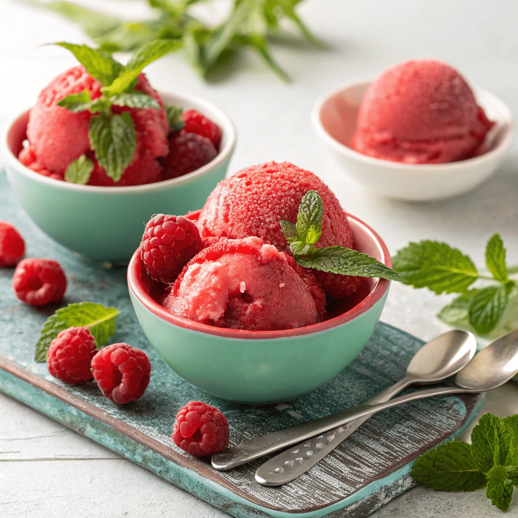 Champagne-Infused Raspberry Sorbet with Mint Garnish