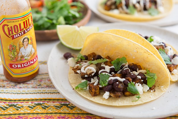 Roasted Red Chili Sweet Potato and Black Bean Tacos