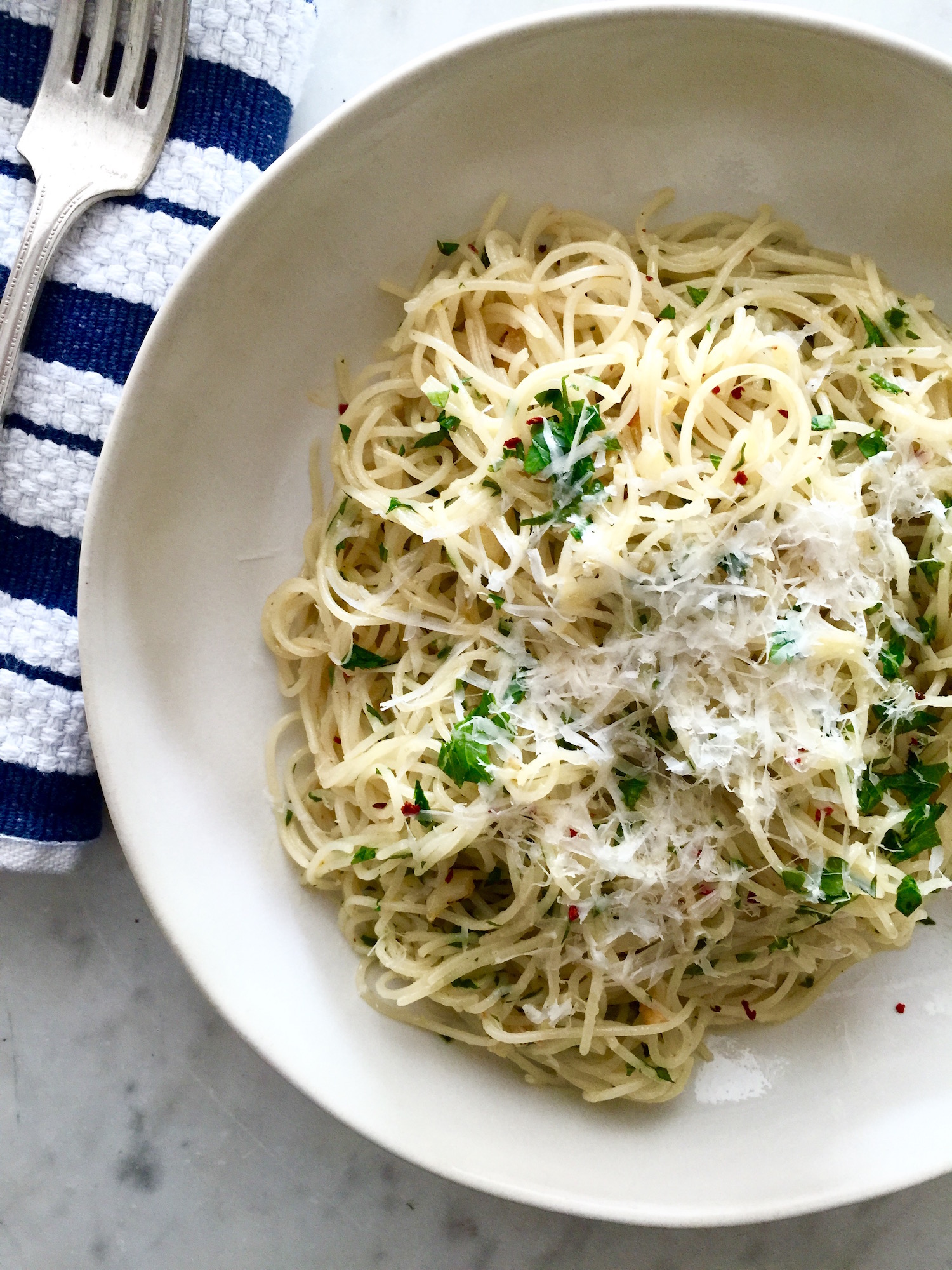 Capellini Pasta Tossed with Olive Oil, Garlic, and Chili Flakes