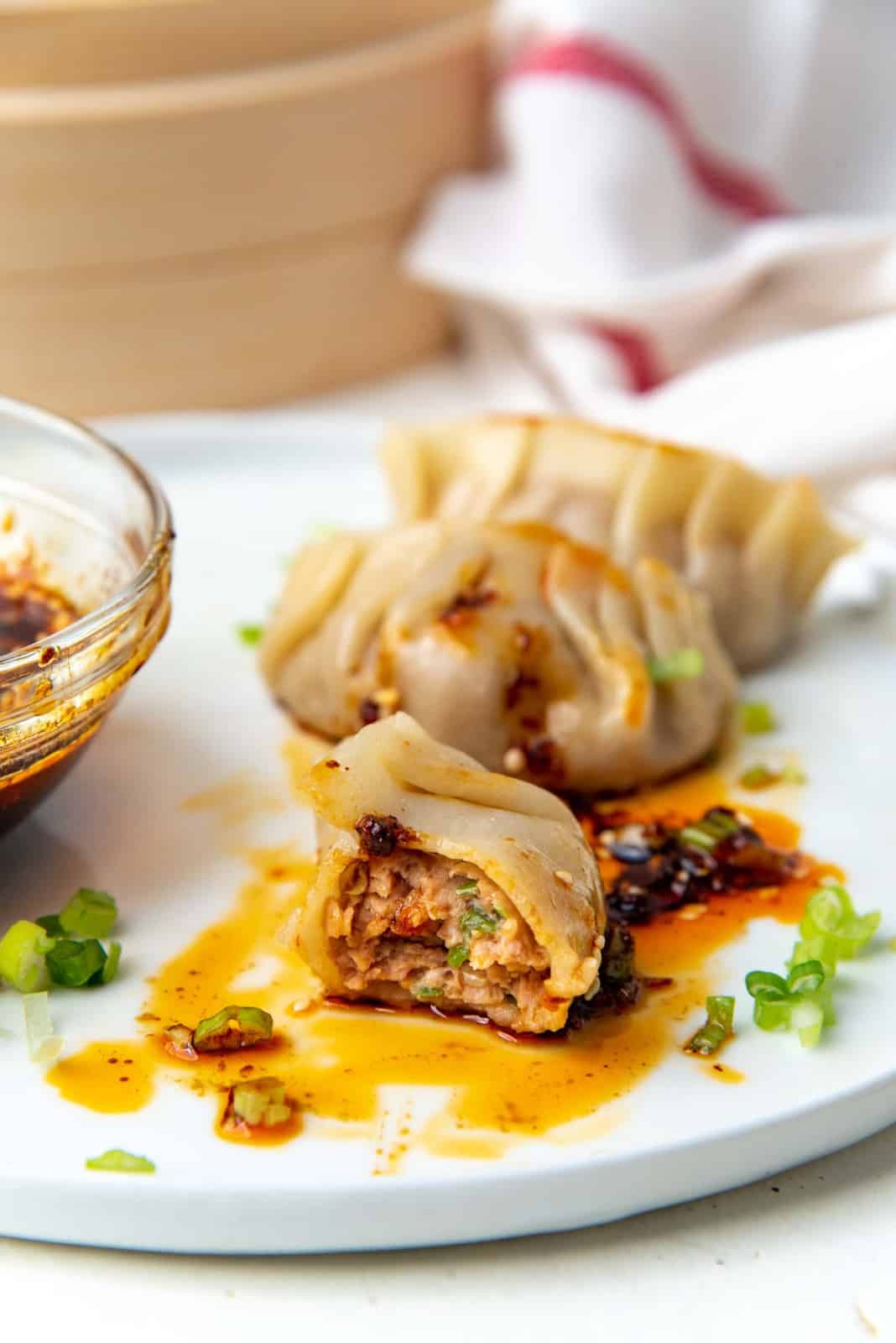 Steamed Chicken Dumplings with Ginger and Scallion
