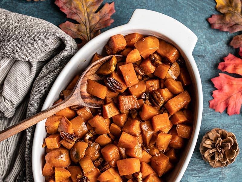 Spiced Maple-Glazed Roasted Sweet Potatoes with Toasted Pecans