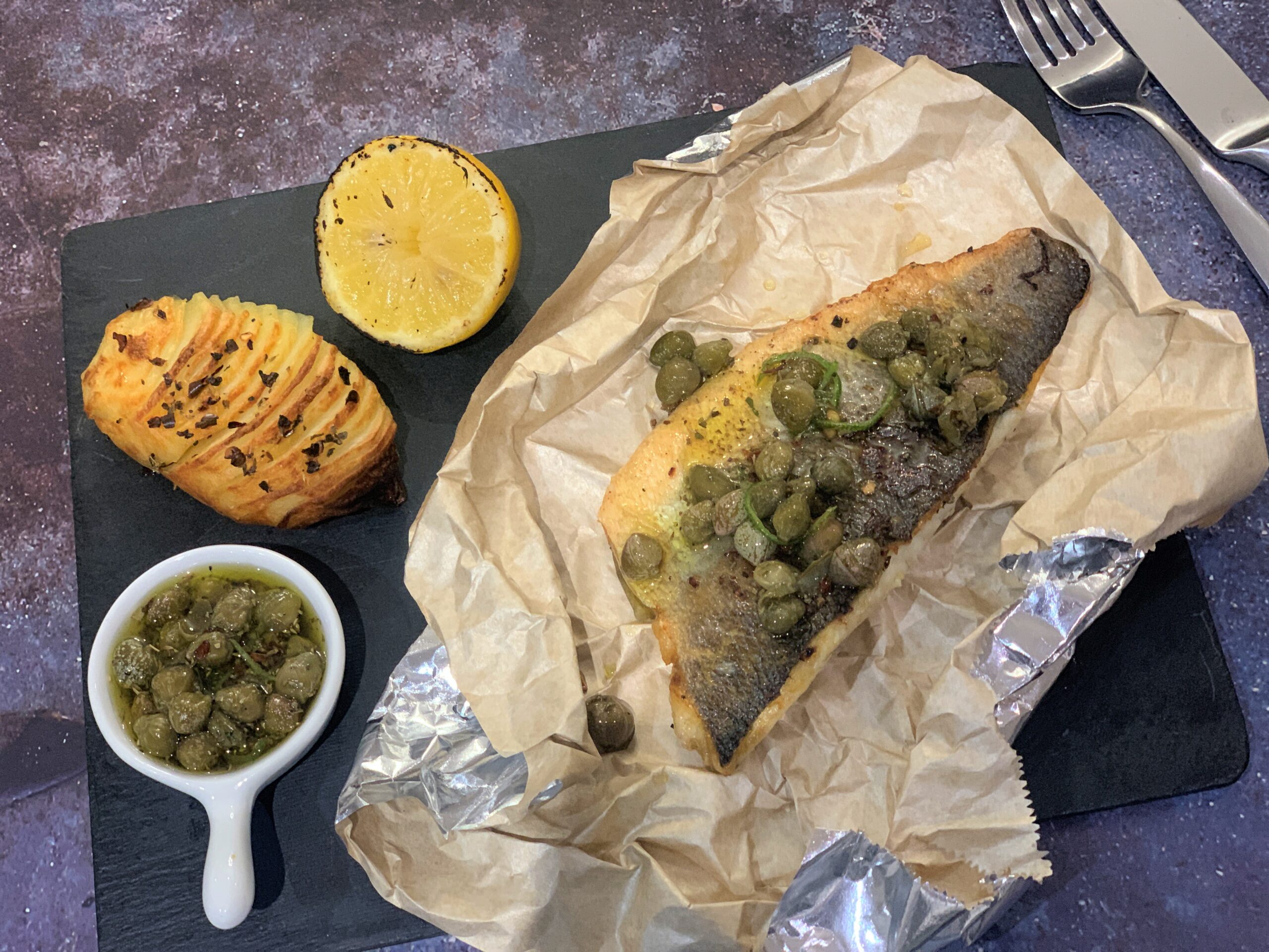 Pan-Seared Sea Bass with Tomato-Caper Sauce and Fresh Dill