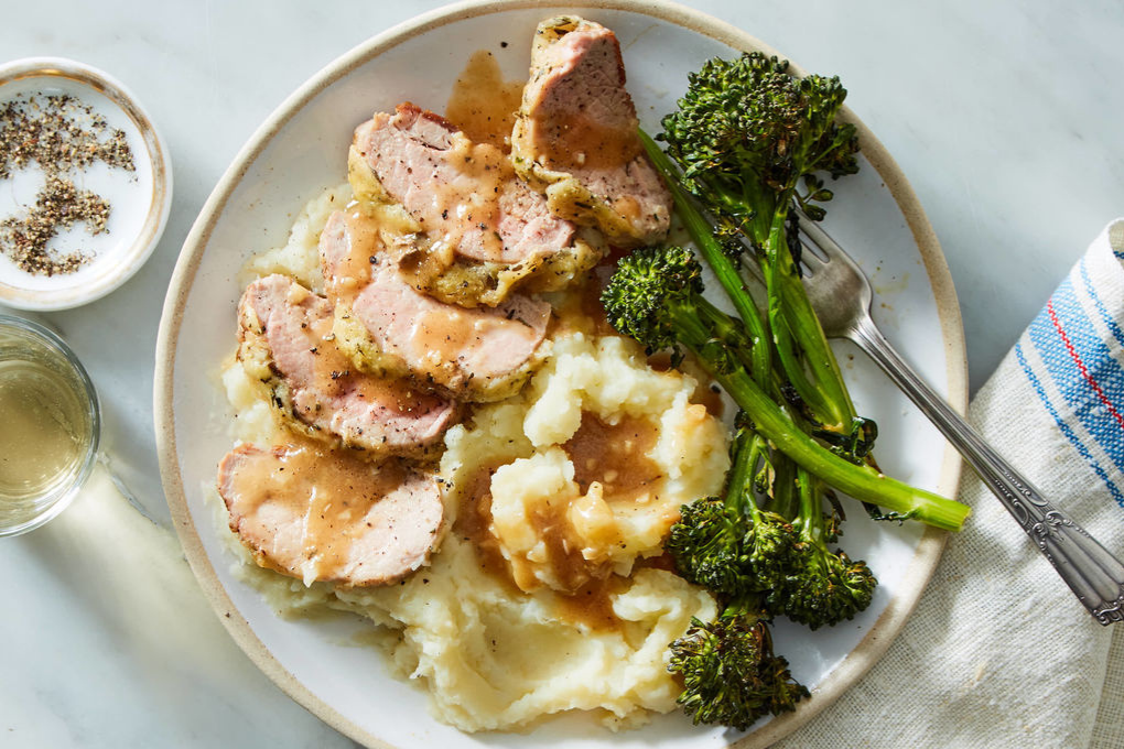 Baked Herb-Crusted Pork Tenderloin with Garlic Mashed Cauliflower