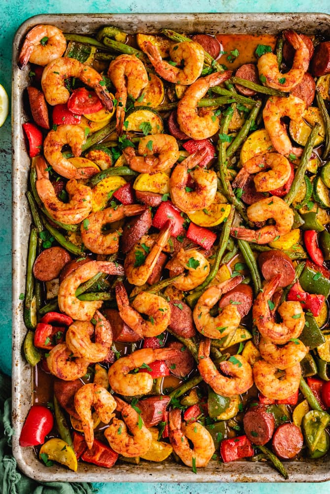 Sheet Pan Cajun-Spiced Shrimp and Sausage with Roasted Peppers
