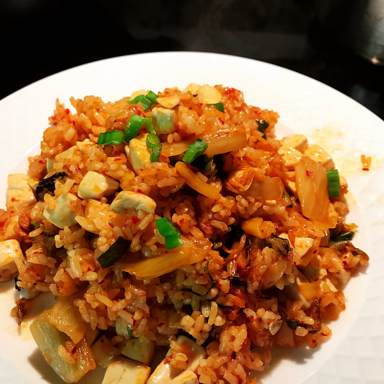 Kimchi-Tofu Fried Rice with Crispy Scallion Topping