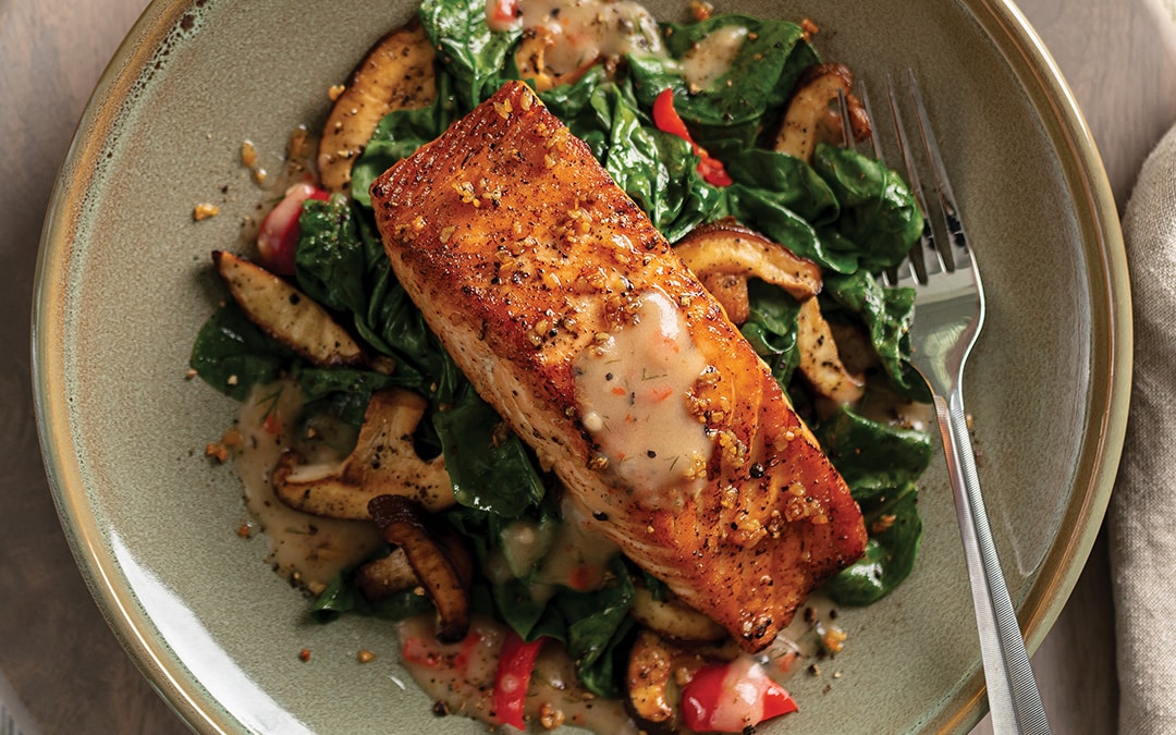 Pan-Seared Salmon with Lemon Dill Sauce and Sautéed Spinach